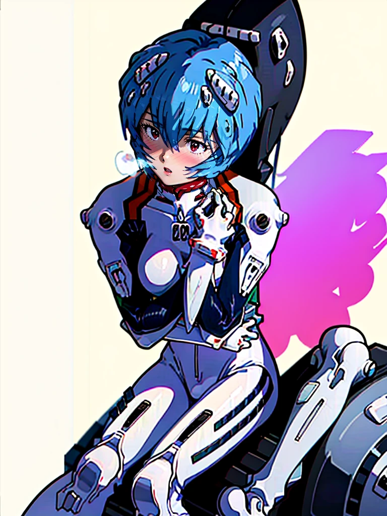 ((Highest quality, 8k wallpaper)),(masterpiece, Highest quality),Very detailed,High resolution,(Official Art:1.3),(((Anime screenshots,Black outline))),One girl,alone, Break mer1,(Rei Ayanami {Neon Genesis Evangelion,}1.2),masterpiece, best quality, outdoor, 1girl, Solo,red eyes,short hair,blue hair, (White plug suit:1.4), skin tight,(backlight, shaded face, cross-eyed, rolling eyes, empty eyes, jitome, raised eyebrows, one eye closed:1.3),(((Covered in sweat, Mass sweat, Sweating profusely,steam,:1.7))), (((fighting stance, knees together feet apart, leaning forward, holding own arms, bent legs:1.8))),(((独奏, cowboy shot:1.7))), 