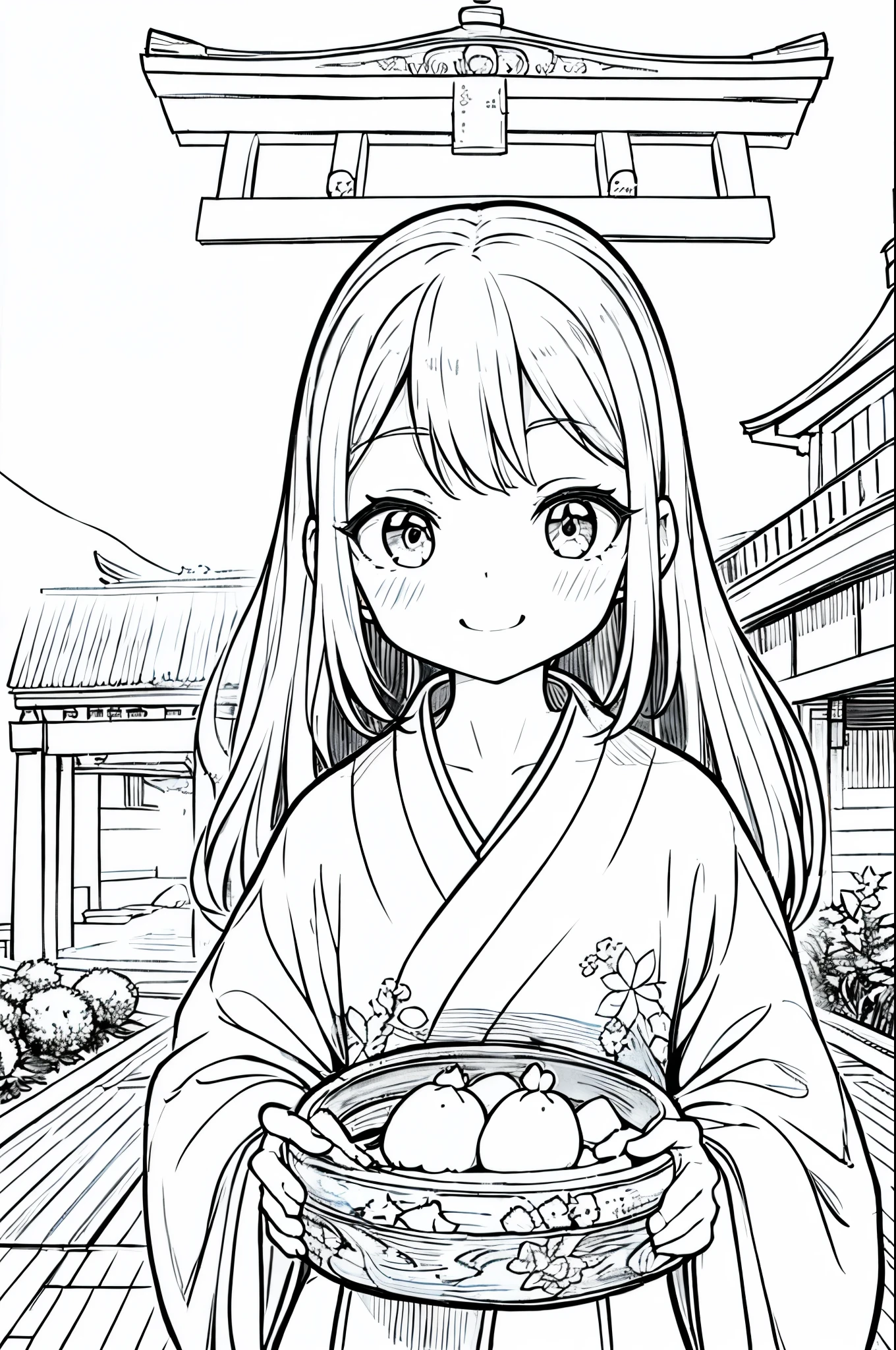 As a coloring book, the color should be black and white, the border should be simple, clear, and bold. A cheerful Asian girl with bright eyes and a mischievous smile is playfully posing in front of the iconic [Fushimi Inari-taisha Shrine] in Kyoto, Japan. She is dressed in a vibrant [kimono with fox pattern], the bold orange and white colors complementing the vermilion torii gates that line the path. The girl's hands are clasped in a playful gesture, and her hair is adorned with a traditional [kanzashi hair ornament].