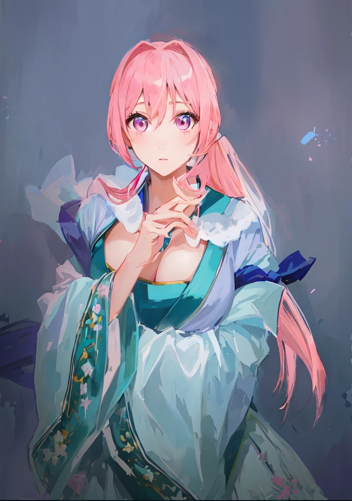 Pink Hair、Anime girl in blue dress poses for photo, Pink ponytail hair and pink eyes, Produced in collaboration with Anime Painter Studio, In the anime painter studio, Portrait of the Knights of the Zodiac, Sonison,超级Sonison,Celluloid