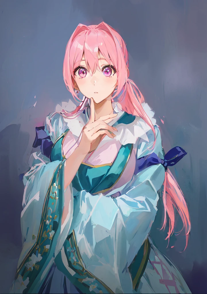 Pink Hair、Anime girl in blue dress poses for photo, Pink ponytail hair and pink eyes, Produced in collaboration with Anime Painter Studio, In the anime painter studio, Portrait of the Knights of the Zodiac,  Sonison，超级Sonison，Celluloid