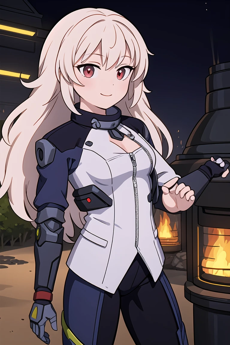 (masterpiece,best quality,ultra highres,ultra detail,novel illustration:1.4),1girl,cowboy shot,ard3nSW,nikkesw,Yang_RWBY,mechanical arm,single mechanical arm,prosthesis,white hair,red eyes,long hair,flat chest,smile