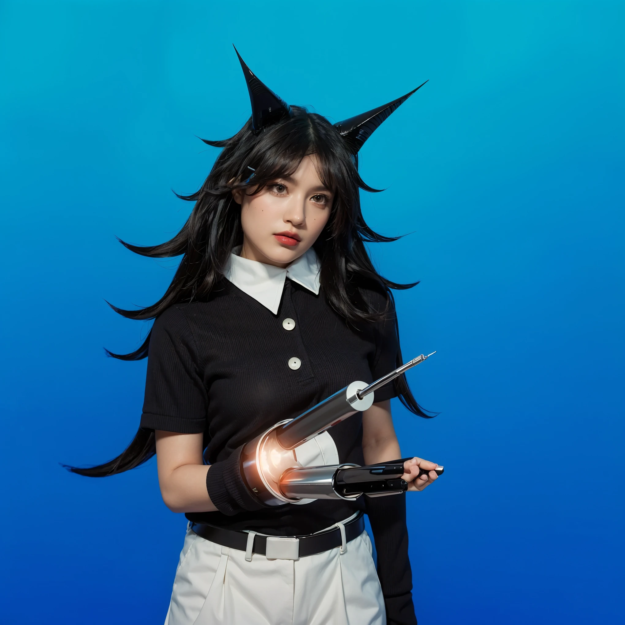 Create a hyper-realistic 4K image of a fantasy character with striking black hair and sharp, wolf-like ears against a vibrant purple background. The character has intense, glowing eyes and wears dark lipstick, enhancing her mystical allure. Her hair flows wildly around her face, adding to her fierce appearance. She wears a modern dark blouse with a prominent white collar, giving her a stylish yet intimidating look. The overall tone should capture a strong contrast between her dark features and the bright background, emphasizing her bold personaand a touch of whimsy. 3d model, multiple light sources, rim light, sharp post broken glass magic ball of turquoise color with fragments lying nearby frame above from above on a white background effects render, (glossy plastic texture with multiple big light probe refractions), perfect cgi, smooth silhouette, high intensity refraction, (super glossy plastic material), most beautiful vfx, , realistic, 4k, high resolution, rim light, smooth 3d model, multiple light sources, rim light, sharp post effects render,, realistic, 4k, high resolution, rim light detailed digital art, reflective, best quality, 4k, masterpiece:1.2, ultra-detailed, realistic, vivid colors, The image of the highest quality, ensuring every detail showcased perfectly. It in 4k resolution, allowing viewers to immerse themselves in the richness of the colors and intricate details. The realistic rendering. under the spotlight, reflecting, high-resolution image, realistic rendering