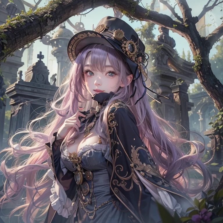 Standing in the grave、Hair flow、 ((Highest quality、masterpiece、8K、Best image quality、Ultra-high resolution、Award-winning works)、(Accurate anatomy:1.1)、(Look at me and smile:1.1)、Shining fair skin with Ultra-high resolution、The most detailed face、Ultra-high resolution detailed face、Ultra-high resolutionの髪の毛、(Ultra-high resolution eye:1.1)、Beautiful face drawn in every detail、steampunk costume, Chest to chest, Strange atmosphere, Ghosts flow, Dark Light, At the Cemetery, Heavy makeup
