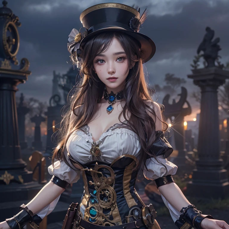 Standing in the grave、Hair flow、 ((Highest quality、masterpiece、8K、Best image quality、Ultra-high resolution、Award-winning works)、(Accurate anatomy:1.1)、(Look at me and smile:1.1)、Shining fair skin with Ultra-high resolution、The most detailed face、Ultra-high resolution detailed face、Ultra-high resolutionの髪の毛、(Ultra-high resolution eye:1.1)、Beautiful face drawn in every detail、steampunk costume, Chest to chest,  Strange atmosphere, Ghosts flow, Dark Light, At the Cemetery, Heavy makeup 