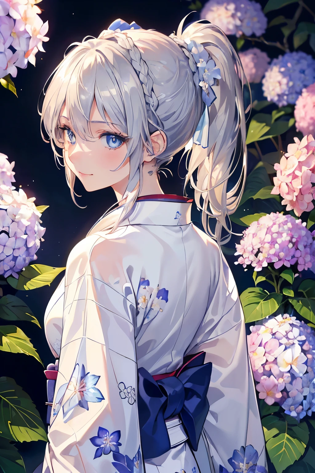 (Best quality,4K,8K,High resolution,Masterpiece:1.2),Super detailed,(Actual, Realistic),
break,
((Beautiful clear blue eyes:1.2)),Gentle eyes,
break,
((Beautiful silver hair in a ponytail:1.3)),shy smile,
break,
(floral patterned kimono:1.3),
break,
hydrangea