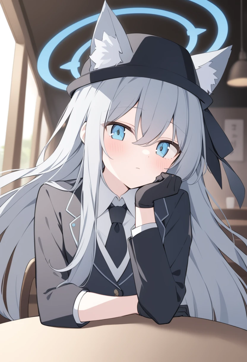 girl，Silver long hair, blue eyes, Wearing a black suit,Black gloves, and black pants, Sitting in the restaurant，Waiting expression, blue halo，Black hat，Gray wolf ears，Black Tie，Place your hands crossed on the table