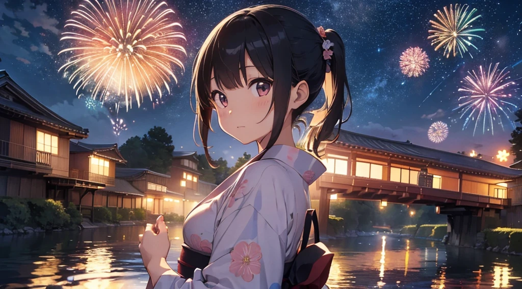 Japanese Fireworks、Date、Girl in yukata、A bright and proactive girl、evening、Night Sky、Fireworks display on the riverbank、painful、Night Sky、Once a year、wish、forever