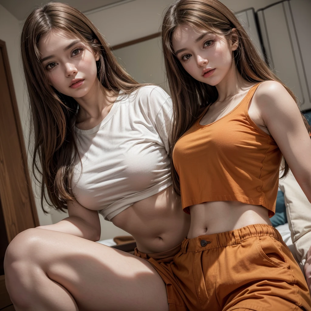 A beautiful young woman, in her late 20's, dimly lit room, candlelight, pale white skin, long light brown hair, orange eyes, wearing loose fitting brown cargo pants, wearing a red cropped t-shirt, exposed midriff, 8k UHD, extremely detailed, well lit