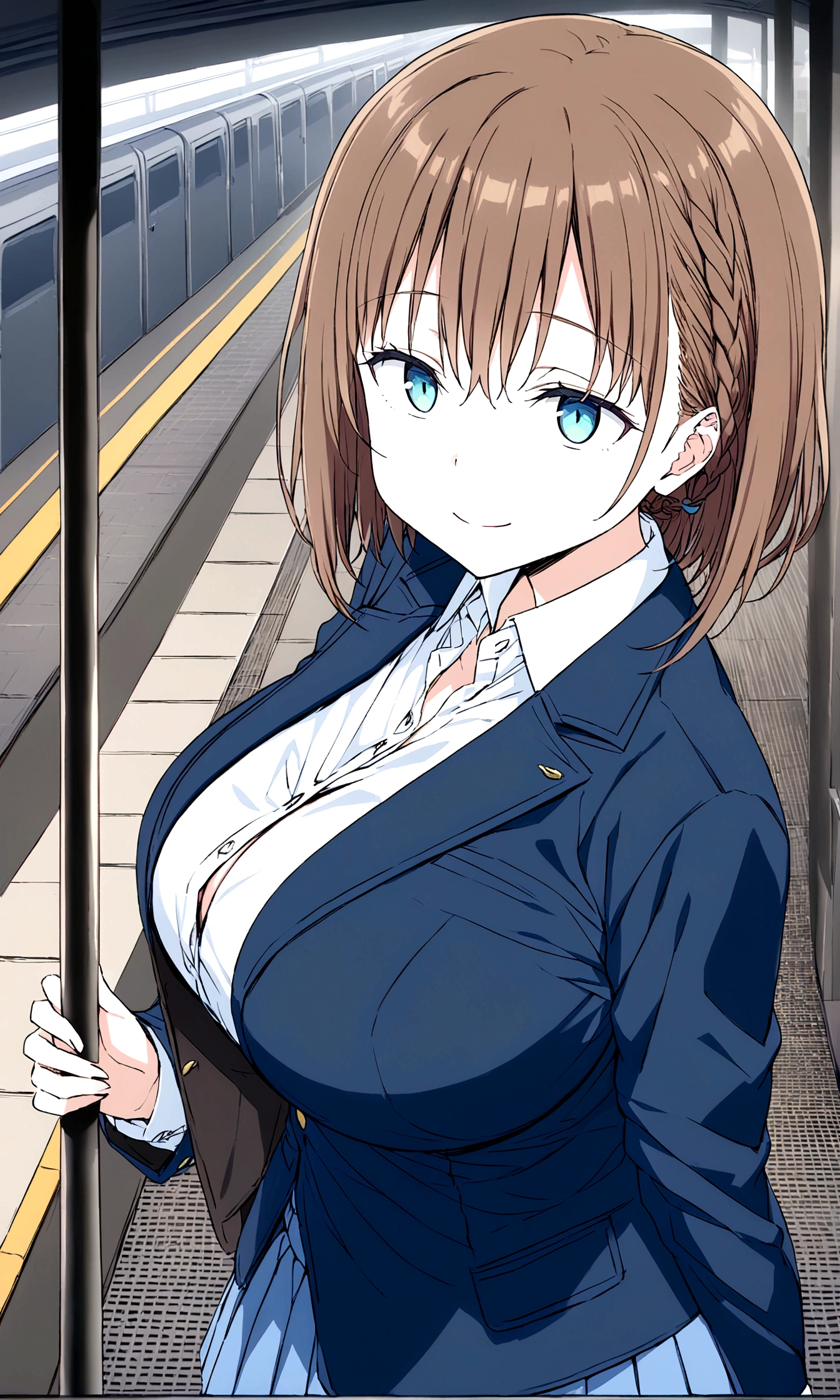 Tawawa on Monday,Ai-chan,Big Breasts,shoot from side,looking away,cleavage cutout,high school girl,source_アニメ, 1girl, solo,whole body,brown hair, cyan eyes, braid,blue blazer,white shirt, collared shirt, pleated skirt, blue skirt,seductive smile,station,hentai,finely detailed beautiful face,high quality,アニメ,beautiful,High resolution,アニメ color,{{{{8K_wallpaper}}}},{{{masterpiece}}},{{{{extremely detailed eyes}}}},{{{{extremely detailed body}}}},{{{{extremely detailed finger}}}}