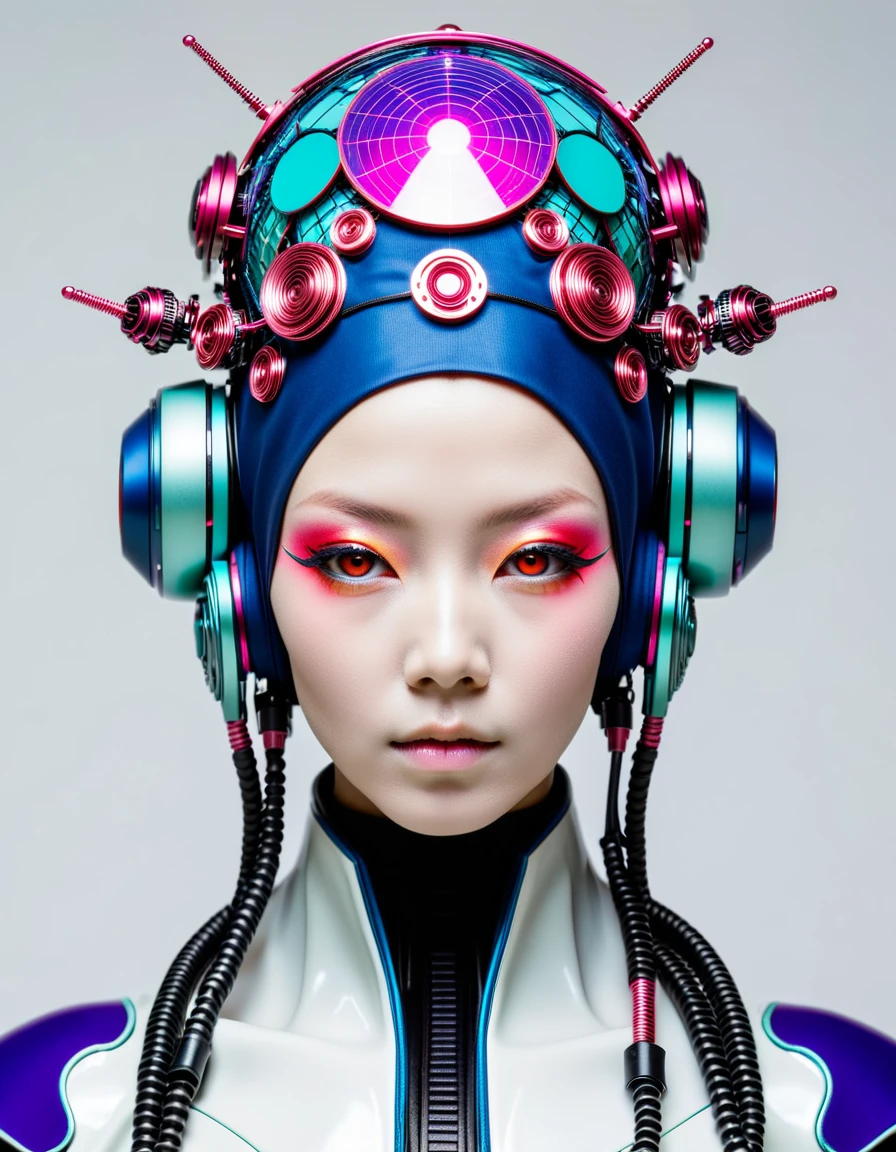 a picture of a person with a weird head piece, hiroyuki takahashi color scheme, cgsociety - w 1 0 2 4 - n 8 - i, hiroyuki-mitsume takahashi, weta studio and james jean, by Android Jones, moebius + loish + wlop, beautiful robot character design, fractalpunk, psychedelic organic cyborg