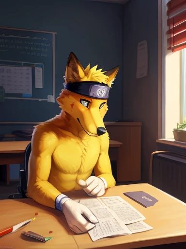 ((yellow dog Naruto headband, Naruto yellow dog, Naruto as a yellow dog anthropomorphic inside of a school classroom sitting in a desk ,))), looking a t viewer, big chest, day,, sensual, detailed, uploaded to e621, beautiful and detailed p ortrait of an anthropomorphic, (((male))) u ploaded to e 621, zaush, foxovh, movie ligh ting, thicc, al one, detailed, 8k res, hires, de tailed eyes, g ood anatomy, good perspecti ve, towards vi ewer, bebebebebe, by sic klyhypnos, by gerkk, by orf, nice hands, per fect hands, ha ppy, romantic, ray tracing hting, rtx on, B Bebebebebe, by SpiritD, by KOBITOWANI, best quality, masterpiece, p erfect anatomy, detailed picture)),