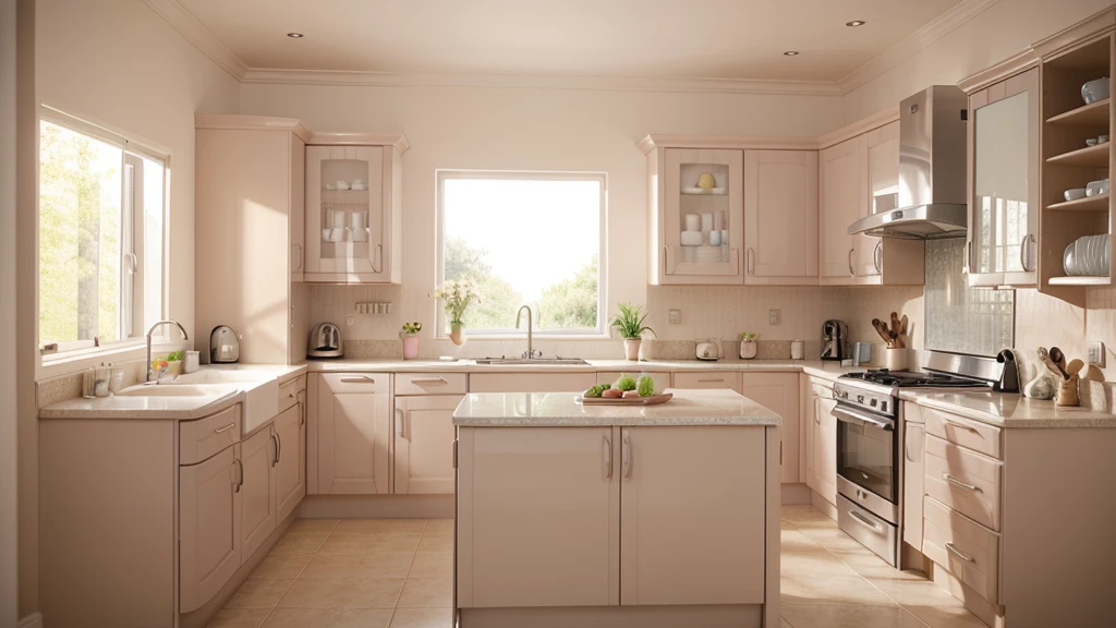 Stylish and Roomy Pastel U-Shaped Kitchen Design For Couples, picture high resolution and quality