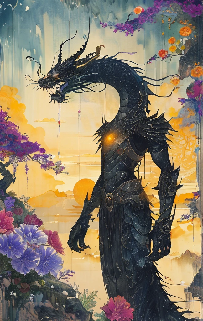 A white dragon lies in the middle of an endless field full of purple flowers, surrounded by snow-capped mountains and a blue sky sparkling with golden sunset rays. The whole scene is filled with a dreamy atmosphere, with vibrant colors and detailed background elements rendered in high resolution and detailed in a top quality illustration style. A girl with black hair and white eyes, dressed in dark , stands next to an anthropomorphic tiger, both looking at the camera. The background is adorned with intricate patterns of flowers and leaves., with a black color scheme, taken from a low angle shot, with high resolution and high detail, a masterpiece