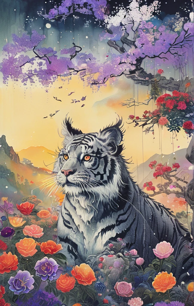 A white dragon lies in the middle of an endless field full of purple flowers, surrounded by snow-capped mountains and a blue sky sparkling with golden sunset rays. The whole scene is filled with a dreamy atmosphere, with vibrant colors and detailed background elements rendered in high resolution and detailed in a top quality illustration style. A girl with black hair and white eyes, dressed in dark , stands next to an anthropomorphic tiger, both looking at the camera. The background is adorned with intricate patterns of flowers and leaves., with a black color scheme, taken from a low angle shot, with high resolution and high detail, a masterpiece