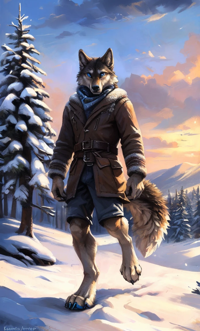((Solo)), male people, anthro wolf, (Multi-colored fur, White-brown:1.3，White tail pointed), (Height 2.1m,Tail length 1.2m), ((Wolf face, Big eyes, White eyelids, Blue pupil, Slim:1.2) (Tough, Calm expression:1.2)), Slim, pinging)), (Correct anatomy), (Winter clothing:1.1), The upper body  naked, (detailed outfits),A long big tail，Feet，(Realistic fur, Detailed fur texture, labeled:1.3)), (Natural lighting), Photorealistic, Hyperrealistic, ultradetailed, by Kenket，Snowfield，erect through，Running on