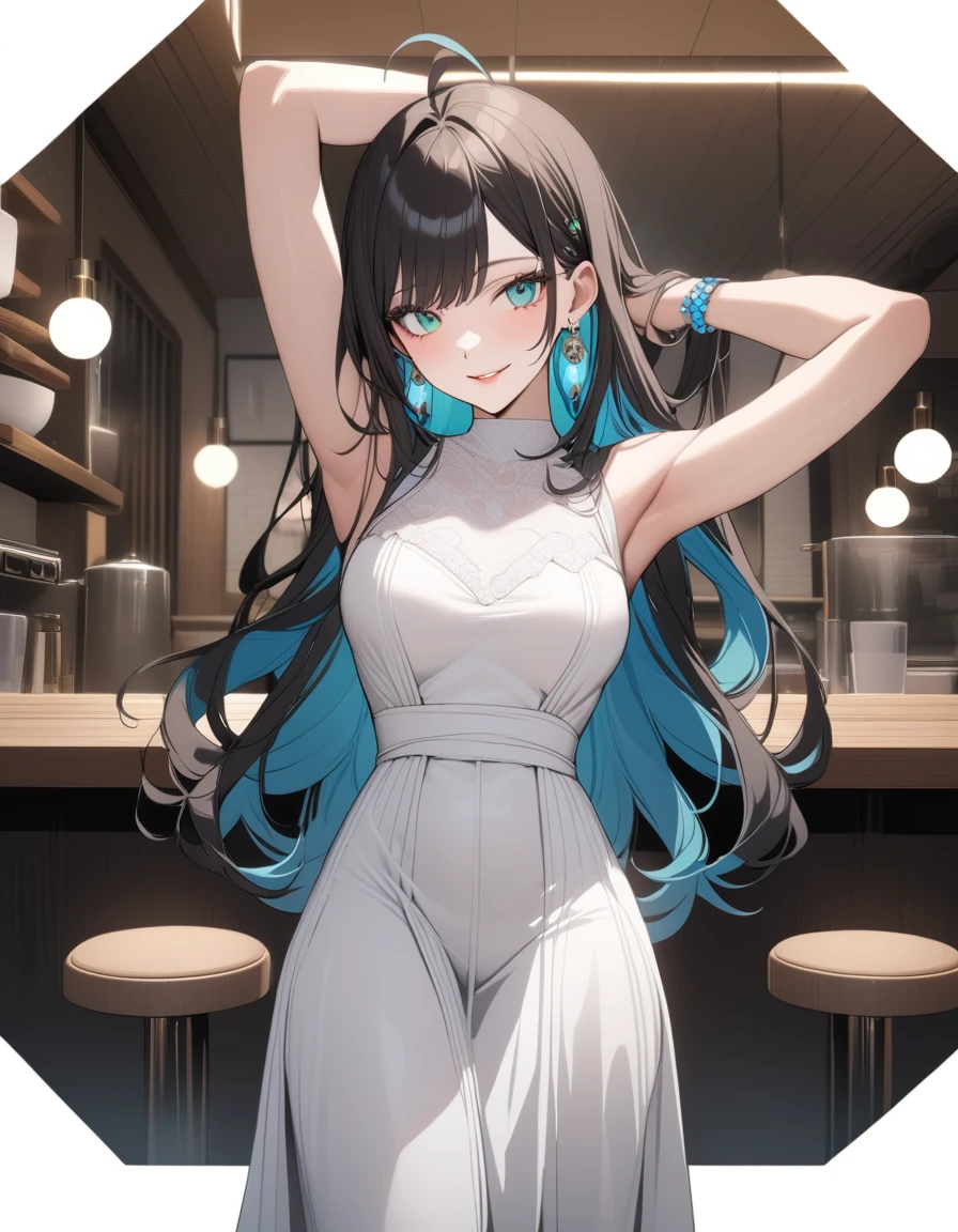 (Highest quality:1.2, three-dimensional, High Detail, masterpiece:1.2, Best aesthetics), (1 girl), Beautiful woman, Beautiful detailed eyes, Beautiful detailed lips, Highly detailed face, Delicate depiction of hair and eyes, Detailed Fashion, (detailed background:1.2) ((Portraiture, Cowboy Shot)), Aqua Eye, huge ahoge, Mouth open, Earrings, View your viewers, breasts, upper body, full body from knees to head, gaze away, gaze into the distance, smile lightly, fancy nails, in Sibuya city, in the cafe, bracelet, long hair, color inner hair, dark hair, one-piece dress, standing