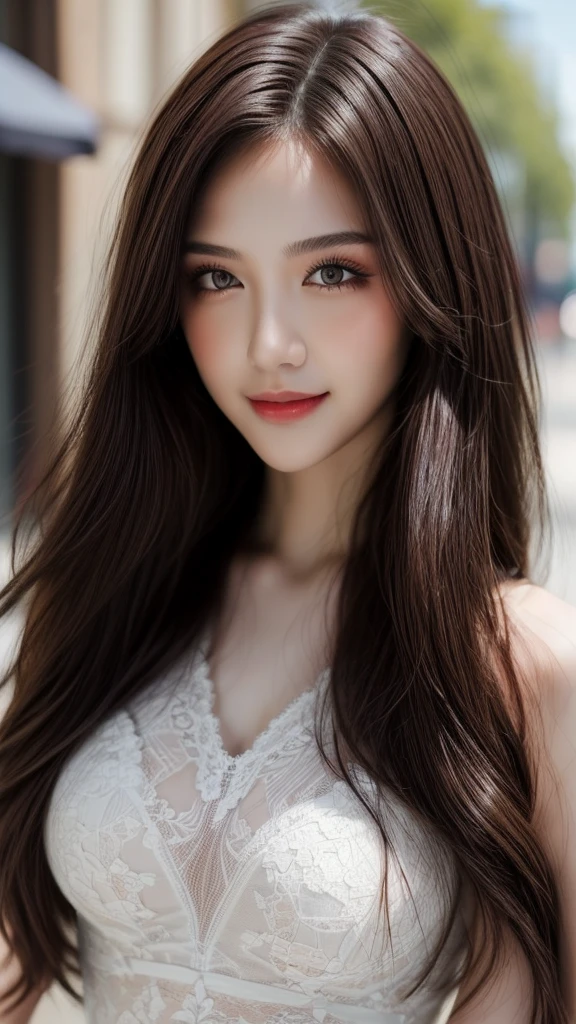 ((best quality, 8K, Masterpiece :1.3)), 1 girl, smile, Full body, Slender face, beautiful woman, (dark brown hair), Long thin lace dress :1.1, The page is very detailed., Detailed eye, Double eyelids, blur background, Slender face, city, outside, road,