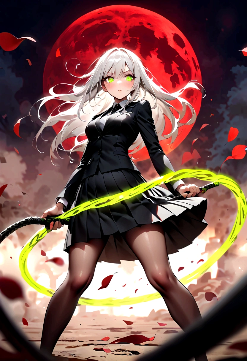 Japanese Anime，1 girl swinging a whip，Silver long hair，White flowers on eyes，Fire  butterflys，Anime style，body movements，Sense of Power，Force Value，(((Black pleated skirt，)))，Elegant Posture、Red Moon、dark purple tones，Elegant and atmospheric。，(((Fluorescent green whip：1.37。Motion blurred，)))，Petals in the sky，Blurred foreground，Face Focus