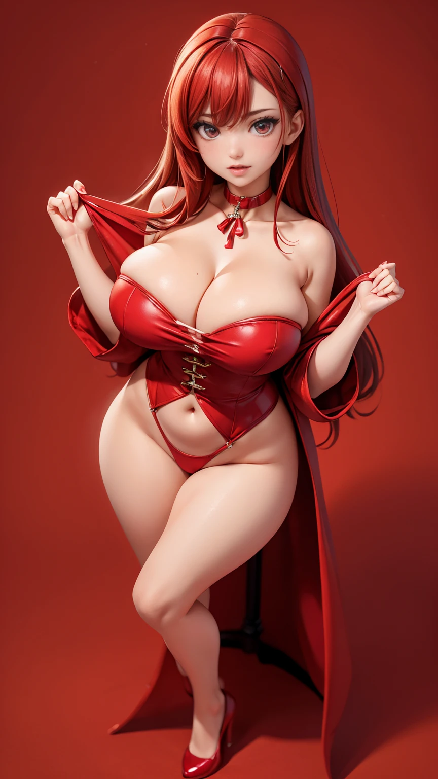 (full_body)、Woman、red_background、(big_breasts:1.5)、Detailed、POP、vivid、pose:1.2、Open chest、idol