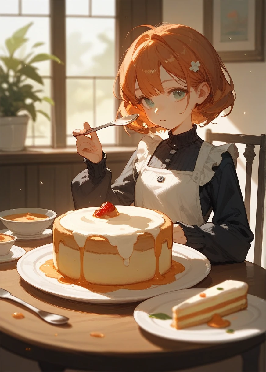 One girl, alone, Sitting, table, spoon, Pudding,, masterpiece, Highest quality,
