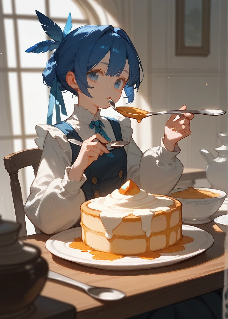 1girl, solo, sitting, table, spoon, pudding,, masterpiece, best quality,