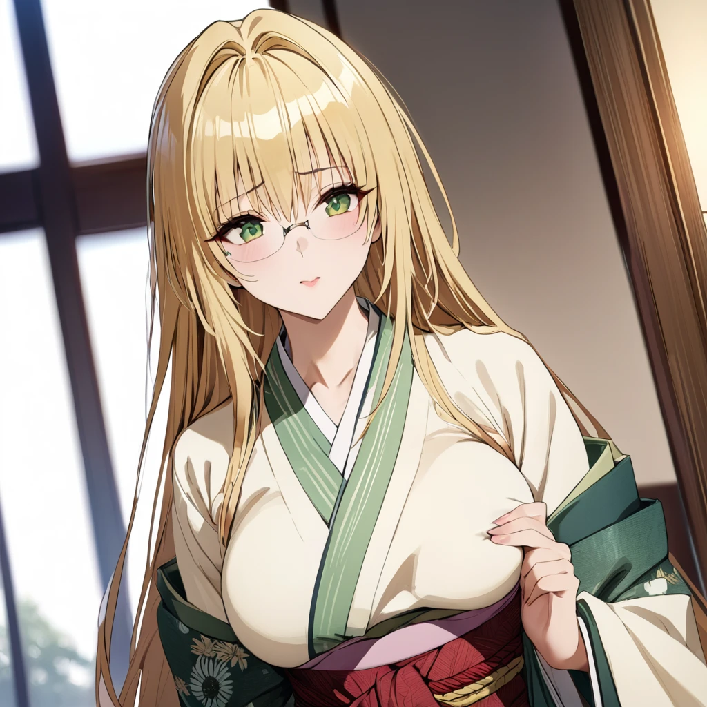 ((Highest quality)), ((masterpiece)), (detailed), （Perfect Face）、The woman is a Tier, with green eyes, medium-long blonde hair, and a kimono.