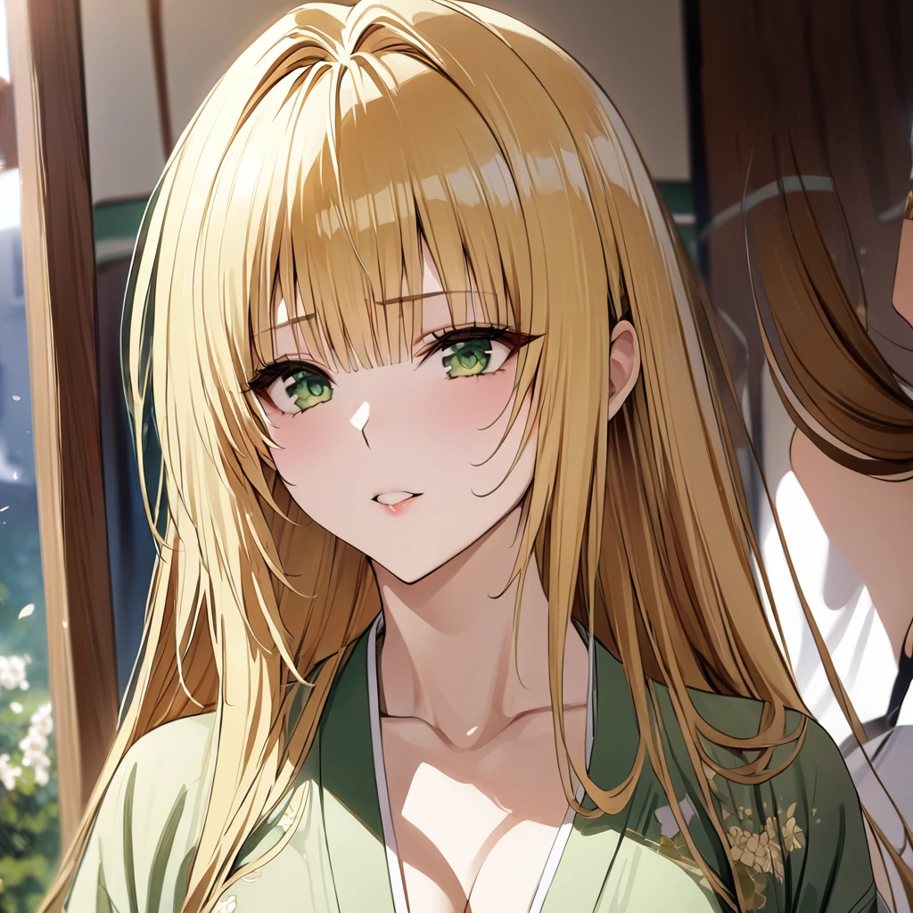 ((Highest quality)), ((masterpiece)), (detailed), （Perfect Face）、The woman is a Tier, with green eyes, medium-long blonde hair, and a kimono.