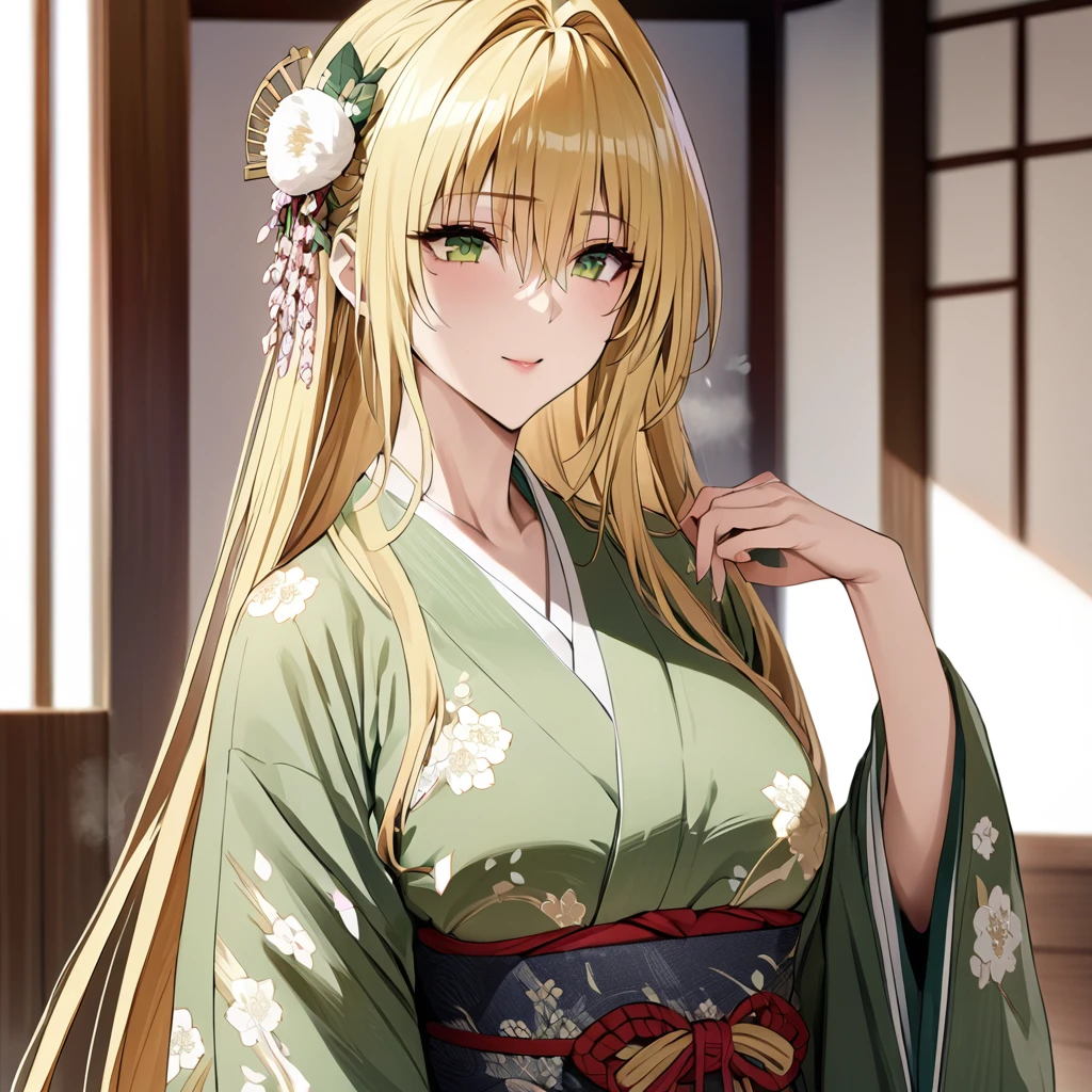 ((Highest quality)), ((masterpiece)), (detailed), （Perfect Face）、The woman is a Tier, with green eyes, medium-long blonde hair, and a kimono.