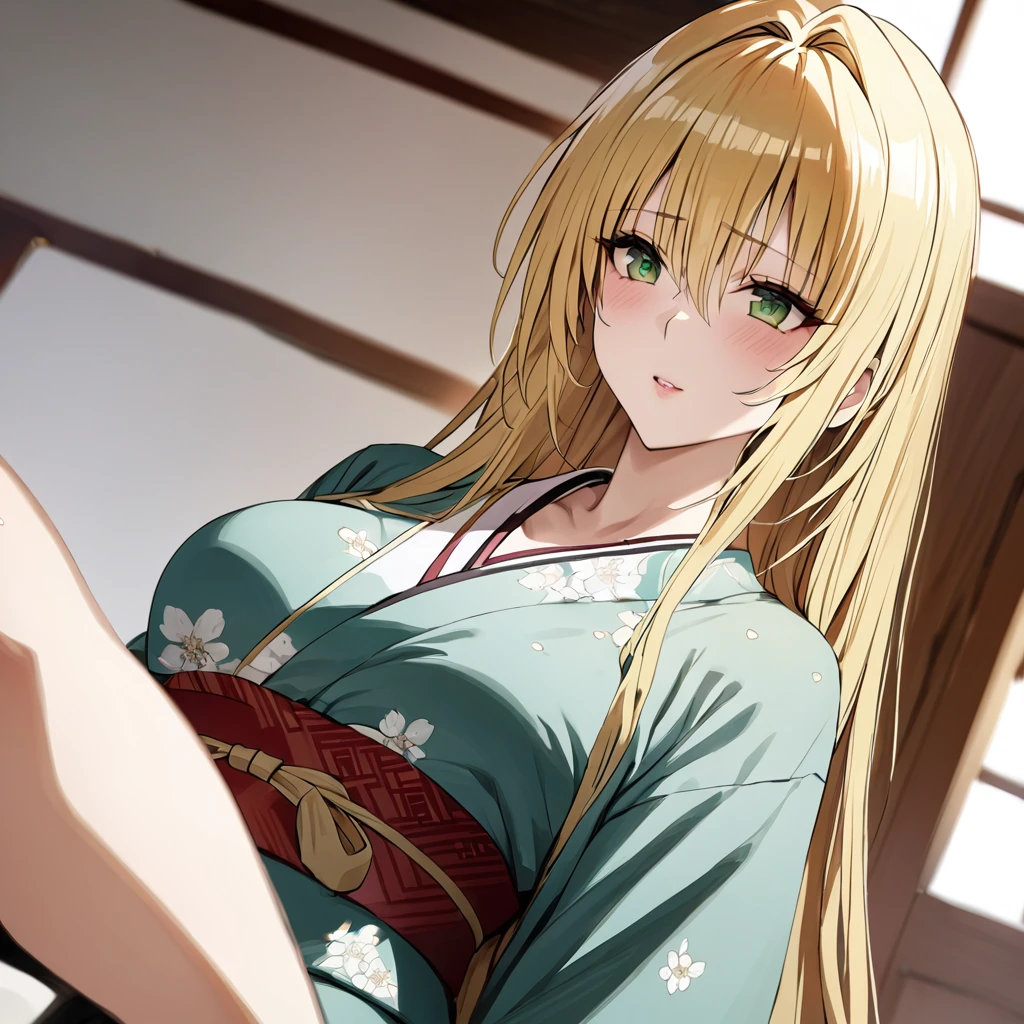 ((Highest quality)), ((masterpiece)), (detailed), （Perfect Face）、The woman is a Tier, with green eyes, medium-long blonde hair, and a kimono.