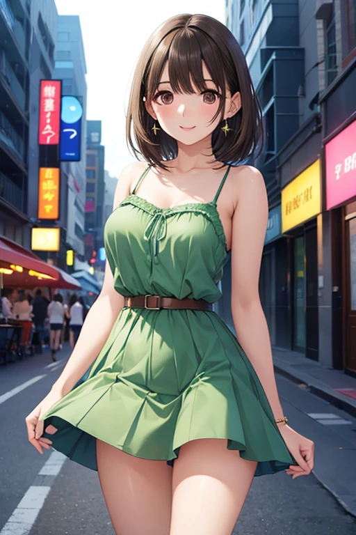 nsfw、

anegasaki nene、Shiny brown hair, short hair, Beautiful brown eyes、smile、Sparkling eyes, (Fine grain)、Ultra-detailed eyes、Highly detailed face, Highly detailed eyes,


, masterpiece, Highest quality, High resolution, Beautiful attention to detail, Highly detailed face, Good lighting, Detailed CG,  Glossy Lips, 
Green camisole mini dress、, Short Dress City Street, night, Neon Light