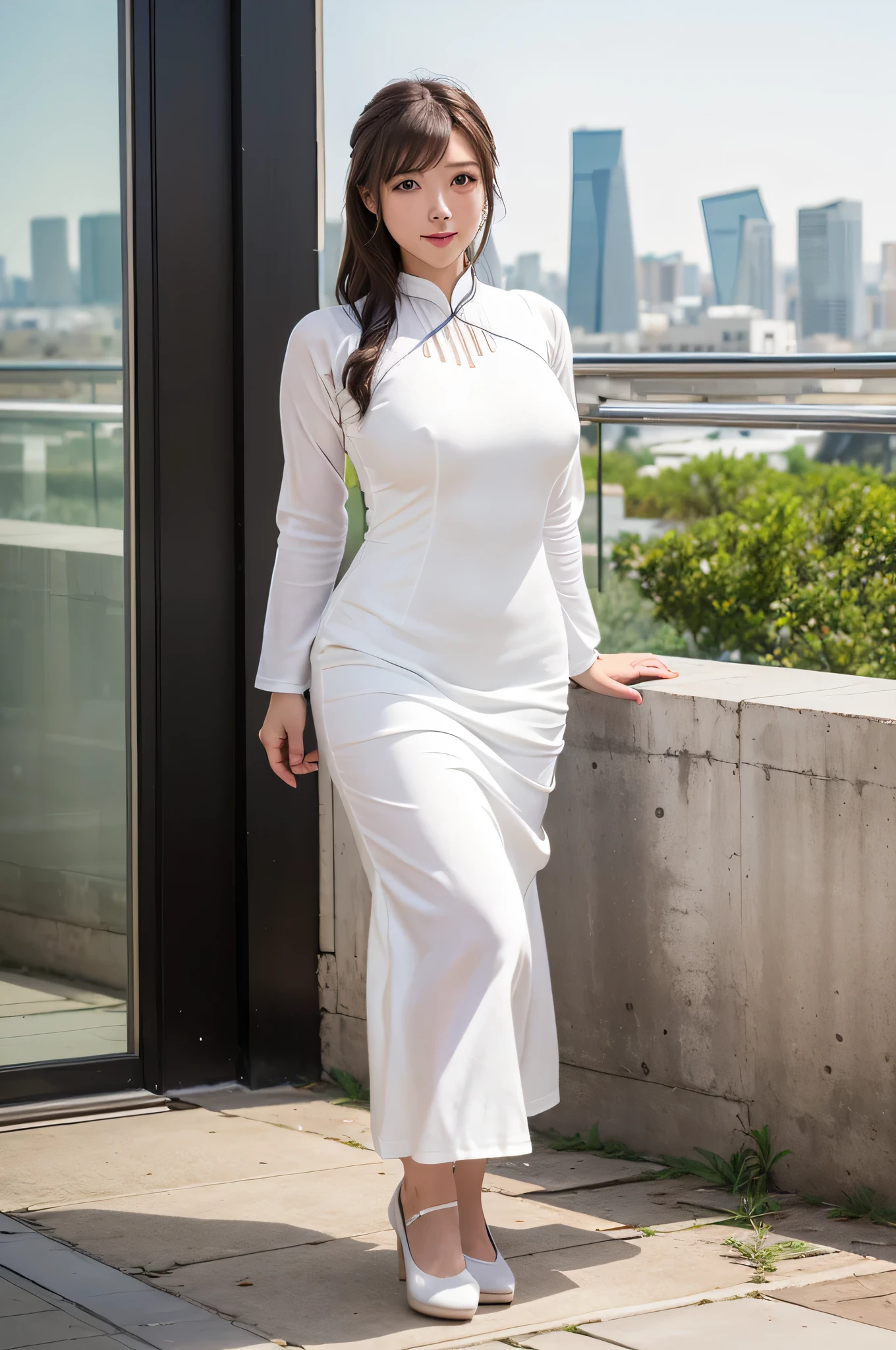8K,high quality,high resolution,(tall),(ぽっちゃり),(Beautiful woman),(Brown Hair),(buzzer),(Cityscape),(White Ao Dai:1.3),(White ao dai:1.3),(Natural composition),(),(),(),(),(),,