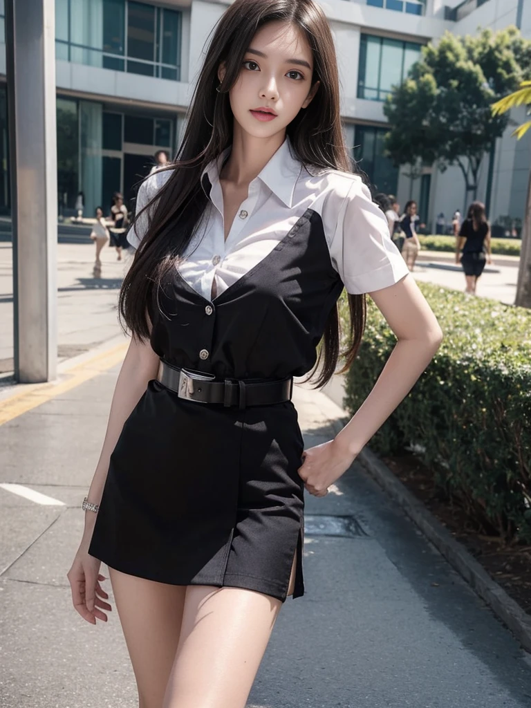 18s woman in thai university uniform, very beautiful, pretty, wet long straight hair, white wet plain short-sleeve button up shirt:1.4, black wet bra:1.3, black wet tight mini skirt:1.2, brown belt, masterpiece:1.2, high detail,