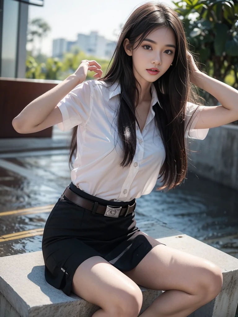 18s woman in thai university uniform, very beautiful, pretty, wet long straight hair, white wet plain short-sleeve button up shirt:1.4, black wet bra:1.3, black wet tight mini skirt:1.2, brown belt, masterpiece:1.2, high detail,