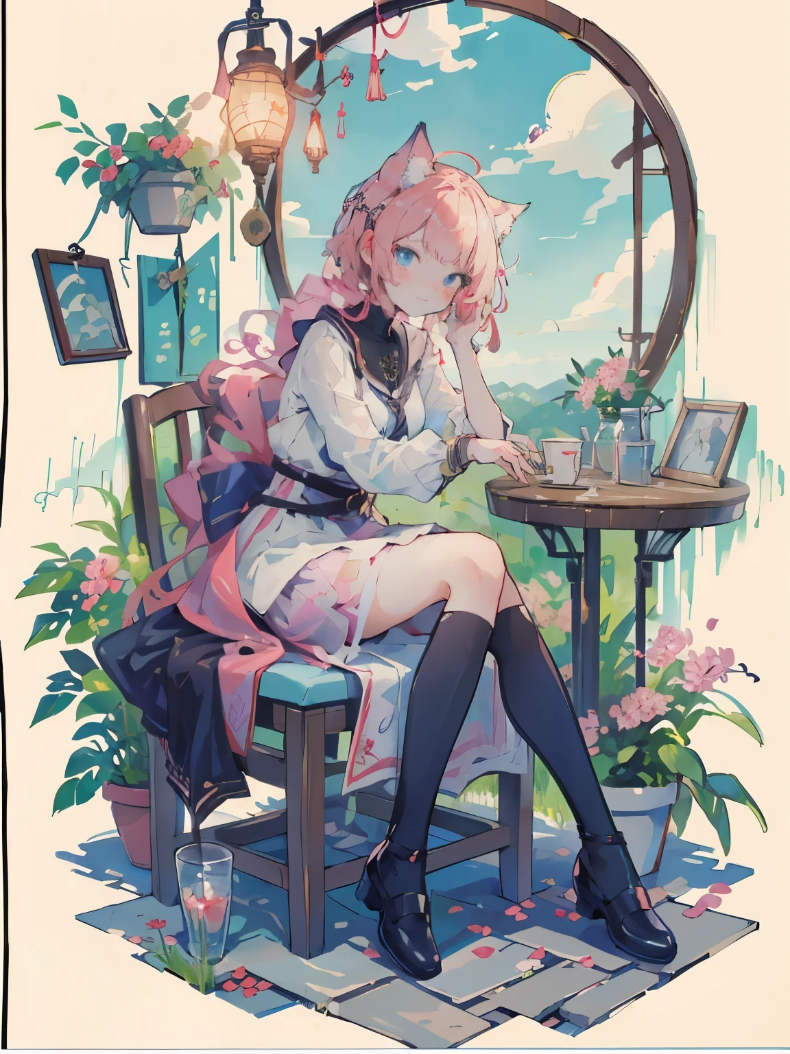 (tmasterpiece,best qualtiy:1.2),(looking at viewert),Happy face,dual horsetail,比基尼,Pink theme,cowboy lens,sitting in the couch,inside in room,rays of sunshine,with pink hair,a pink eyes,squatt