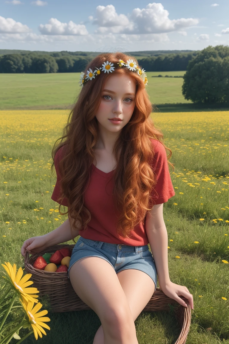 (girl:1.2),alone, (long ginger curly hair:1.1), brown eyes, Wearing a daisy wreath on your head, Sit in a daisy field, (fruit basket:1.1), blue shorts, red shirt,,raw,photographic,photo shadows,actual,Ridiculous,Aesthetic,elegant