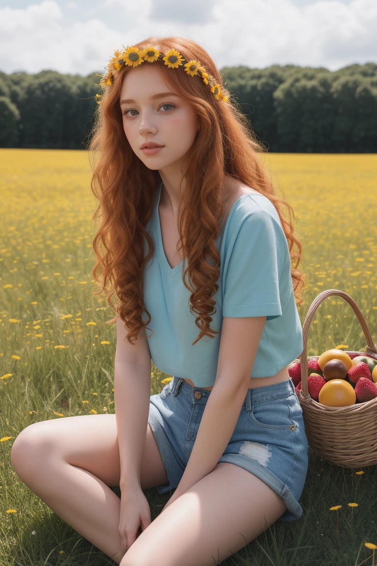 (girl:1.2),alone, (long ginger curly hair:1.1), brown eyes, Wearing a daisy wreath on your head, Sit in a daisy field, (fruit basket:1.1), blue shorts, red shirt,,raw,photographic,photo shadows,actual,Ridiculous,Aesthetic,elegant
