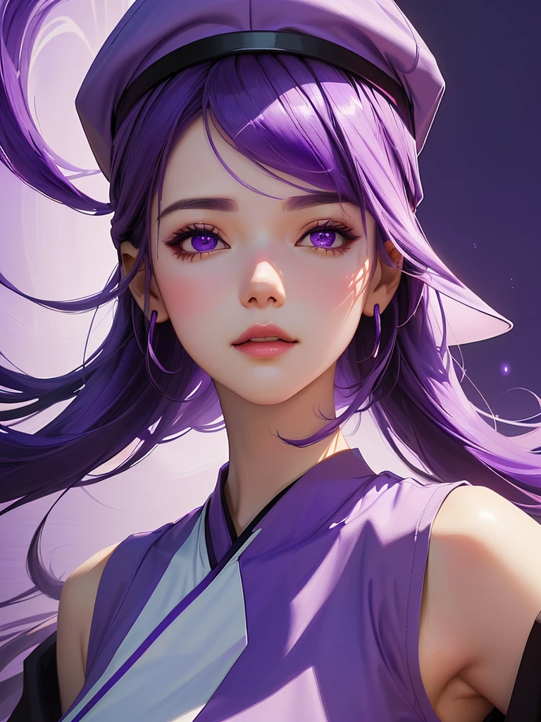 a close up of a woman wearing a purple hat and a purple shirt, digital art inspired by Yanjun Cheng, trending on cg society, digital art, wearing a purple cap, artwork in the style of guweiz, purple color, guweiz, purple hue, violet color, purple aethetic, ((purple)), wearing baseball cap, glowing purple