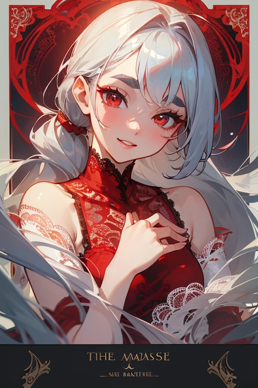(Highest quality, masterpiece:1.2), (High resolution, 最高masterpiece).(difficult).Very detailed, Realistic:1.37, Fantasy, An illustration,Gray Hair、 Red eyes、Queen, White and blue dress、beautifully、Eyeshadow Red、Thick eyebrows、Long eyelashes、pupils are black、shiny on the lips、Top Sites、Queen、Princess、A kind smile、Show your teeth a little and smile、Soft impression、people々々々々Loved by、Slimming the face、Shoulder Bare、ponytail、Kissing Face、Long white hair、Shaggy Bangs、Save face image、((Red Lace Dress)).(Tarot Cards)