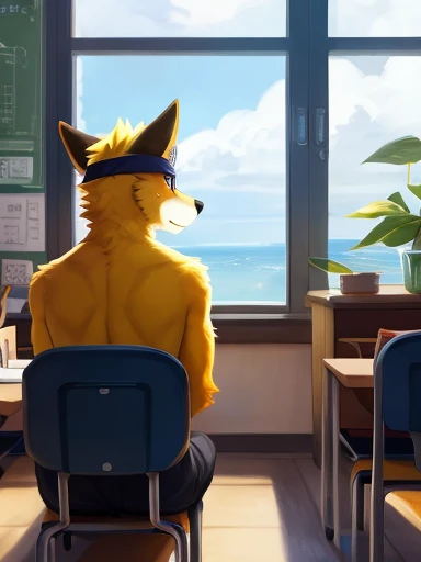 (( back POV as you look towards where the teacher or Professor would be standing and you see all the desks but it is just him  and a professor standing at the front board yellow dog Naruto headband, Naruto yellow dog, Naruto as a yellow dog anthropomorphic inside of a school classroom sitting in a desk ,))), looking a t viewer, big chest, day,, sensual, detailed, uploaded to e621, beautiful and detailed p ortrait of an anthropomorphic, (((male))) u ploaded to e 621, zaush, foxovh, movie ligh ting, thicc, al one, detailed, 8k res, hires, de tailed eyes, g ood anatomy, good perspecti ve, towards vi ewer, bebebebebe, by sic klyhypnos, by gerkk, by orf, nice hands, per fect hands, ha ppy, romantic, ray tracing hting, rtx on, B Bebebebebe, by SpiritD, by KOBITOWANI, best quality, masterpiece, p erfect anatomy, detailed picture)),