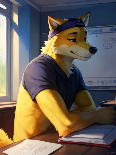 (( back POV as you look towards where the teacher or Professor would be standing and you see all the desks but it is just him and a professor standing at the front board yellow dog Naruto headband, Naruto yellow dog, Naruto as a yellow dog anthropomorphic inside of a school classroom sitting in a desk ,))), looking a t viewer, big chest, day,, sensual, detailed, uploaded to e621, beautiful and detailed p ortrait of an anthropomorphic, (((male))) u ploaded to e 621, zaush, foxovh, movie ligh ting, thicc, al one, detailed, 8k res, hires, de tailed eyes, g ood anatomy, good perspecti ve, towards vi ewer, bebebebebe, by sic klyhypnos, by gerkk, by orf, nice hands, per fect hands, ha ppy, romantic, ray tracing hting, rtx on, B Bebebebebe, by SpiritD, by KOBITOWANI, best quality, masterpiece, p erfect anatomy, detailed picture)),