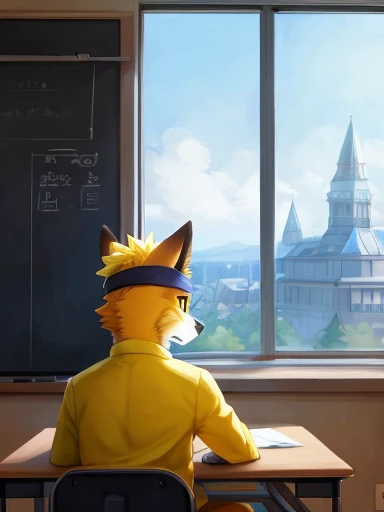 (( back POV as you look towards where the teacher or Professor would be standing and you see all the desks but it is just him  and a professor standing at the front board yellow dog Naruto headband, Naruto yellow dog, Naruto as a yellow dog anthropomorphic inside of a school classroom sitting in a desk ,))), looking a t viewer, big chest, day,, sensual, detailed, uploaded to e621, beautiful and detailed p ortrait of an anthropomorphic, (((male))) u ploaded to e 621, zaush, foxovh, movie ligh ting, thicc, al one, detailed, 8k res, hires, de tailed eyes, g ood anatomy, good perspecti ve, towards vi ewer, bebebebebe, by sic klyhypnos, by gerkk, by orf, nice hands, per fect hands, ha ppy, romantic, ray tracing hting, rtx on, B Bebebebebe, by SpiritD, by KOBITOWANI, best quality, masterpiece, p erfect anatomy, detailed picture)),