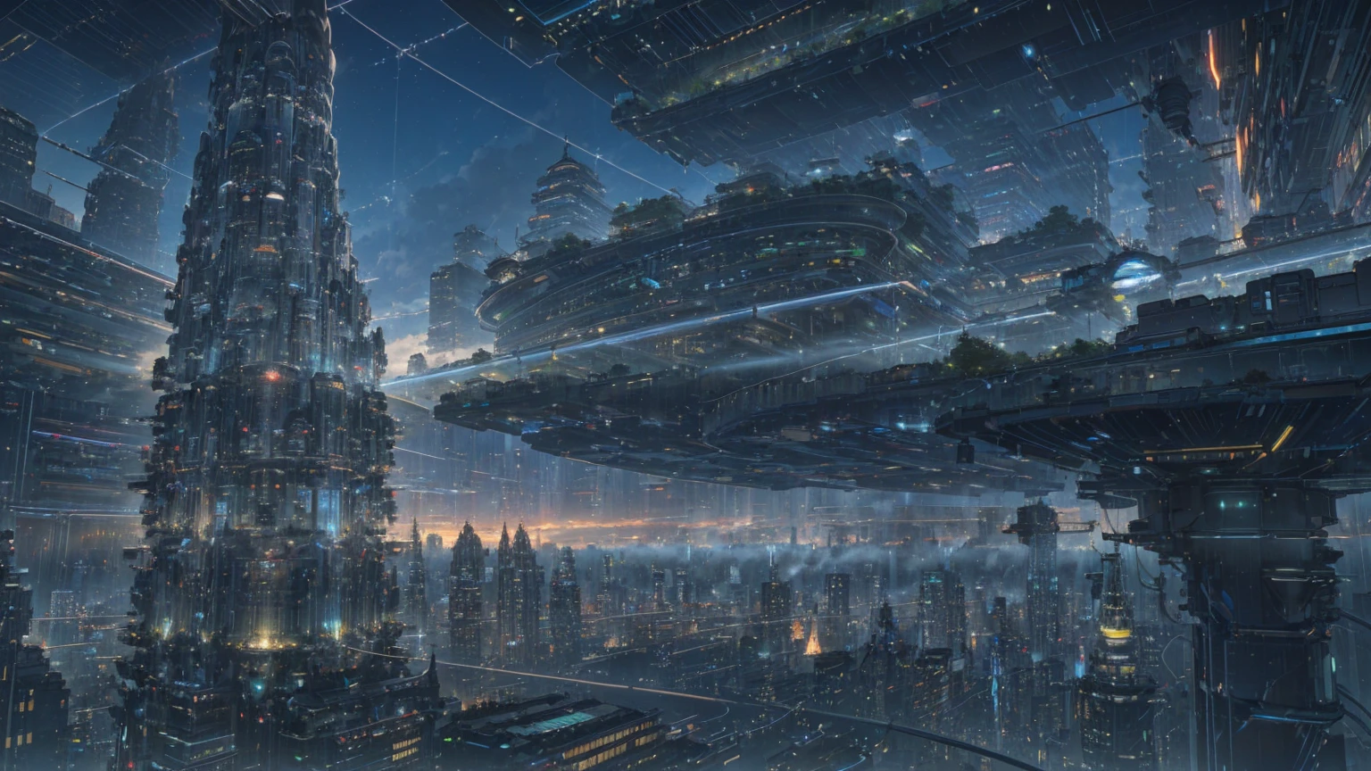 (Best quality,4K,8K,A high resolution,Masterpiece:1.2),Ultra-detailed,(Realistic,Photorealistic,photo-realistic:1.37),Futuristic floating city,Futuristic technology,Huge urban high-tech tablet platform,Airship,Floating in the sky,Futuristic city,Small airships around,High-tech hemispherical platform,Colorful lights,Advanced architecture,modernn architecture,skyscrapper,Access the cloud,Scenic beauty,view over city,Impressive design,Blend seamlessly with nature,energetic and vibrant atmosphere,Futuristic transportation system,Parking is suspended,Transparent path,Lush greenery,Sky gardens,cascading waterfalls,Magnificent skyline,reflections on the water,Sparkling river,Architectural innovation,futuristic skyscrapers,Transparent dome,The shape of the building is unusual,Elevated walkway,Impressive skyline,Glowing lights,Futuristic technology,Minimalist design,Scenic spots,Panoramic view,Cloud Piercing Tower,Vibrant colors,epic sunrise,epic sunset,Dazzling light display,magical ambiance,The future city,Urban Utopia,LuxuryLifestyle,Innovative energy,sustainable development,Smart city technology,Advanced infrastructure,Tranquil atmosphere,Nature and technology live in harmony,Awesome cityscape,Unprecedented urban planning,Architecture connects seamlessly with nature,High-tech metropolis,A cutting-edge engineering marvel,The future of urban living,Visionary architectural concept,Energy-efficient buildings,Harmony with the environment,A city floating above the clouds,Utopian dreams become reality,The possibilities are endless,State-of-the-art transportation network,Green energy integration,Innovative materials,Impressive holographic display,Advanced communication system,Breathtaking aerial view,Quiet and peaceful environment,Modernist aesthetics,Ethereal beauty