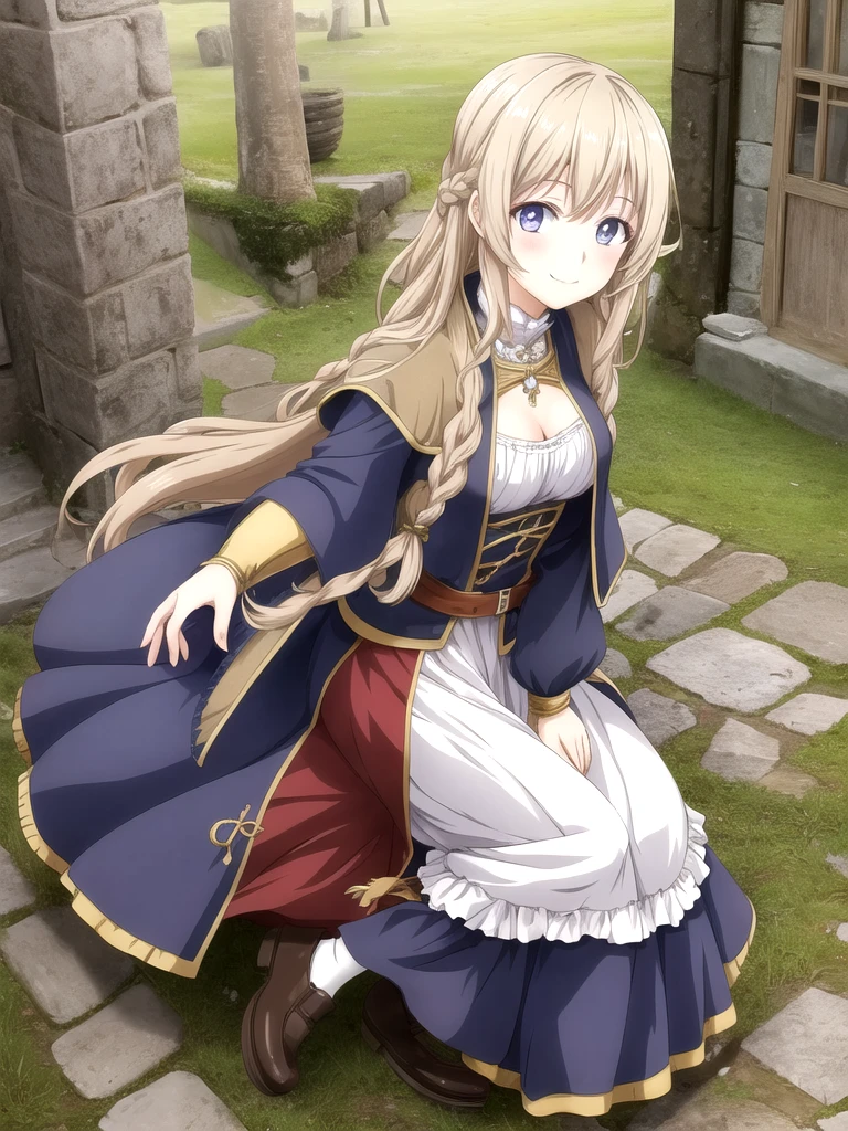 (Masterpiece, best quality, highres) {{Artist: Sincos}} 1 woman, adult, solo, 23 years old, small breasts, platinum blonde hair, long hair, ponytail, blue eyes, wide hips, thick thighs, taller than camera, blushing, looking straight ahead, looking at camera, blue tunic, gold trim, beige shorts, in academy hallway, standing straight, looking at camera, crossing arms, medieval fantasy.