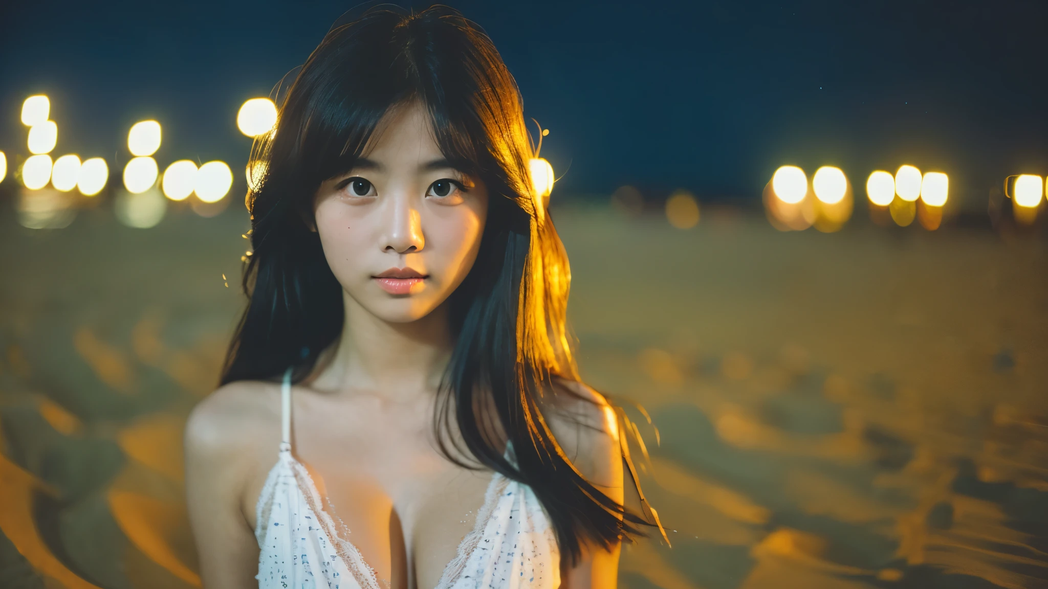 A very cute face like an idol、One 20-year-old woman with a youthful appearance、((leica 50 mm prime lens, cinestill 800T film))、(Cleavage)、(((Beautiful starry sky on the beach at night)))、((Very dim lighting))、((Don't expose your face to the light))、((Long-distance shot))、RAW Photos、Genuine、live-action、(Artistic Expression)、High resolution、masterpiece
