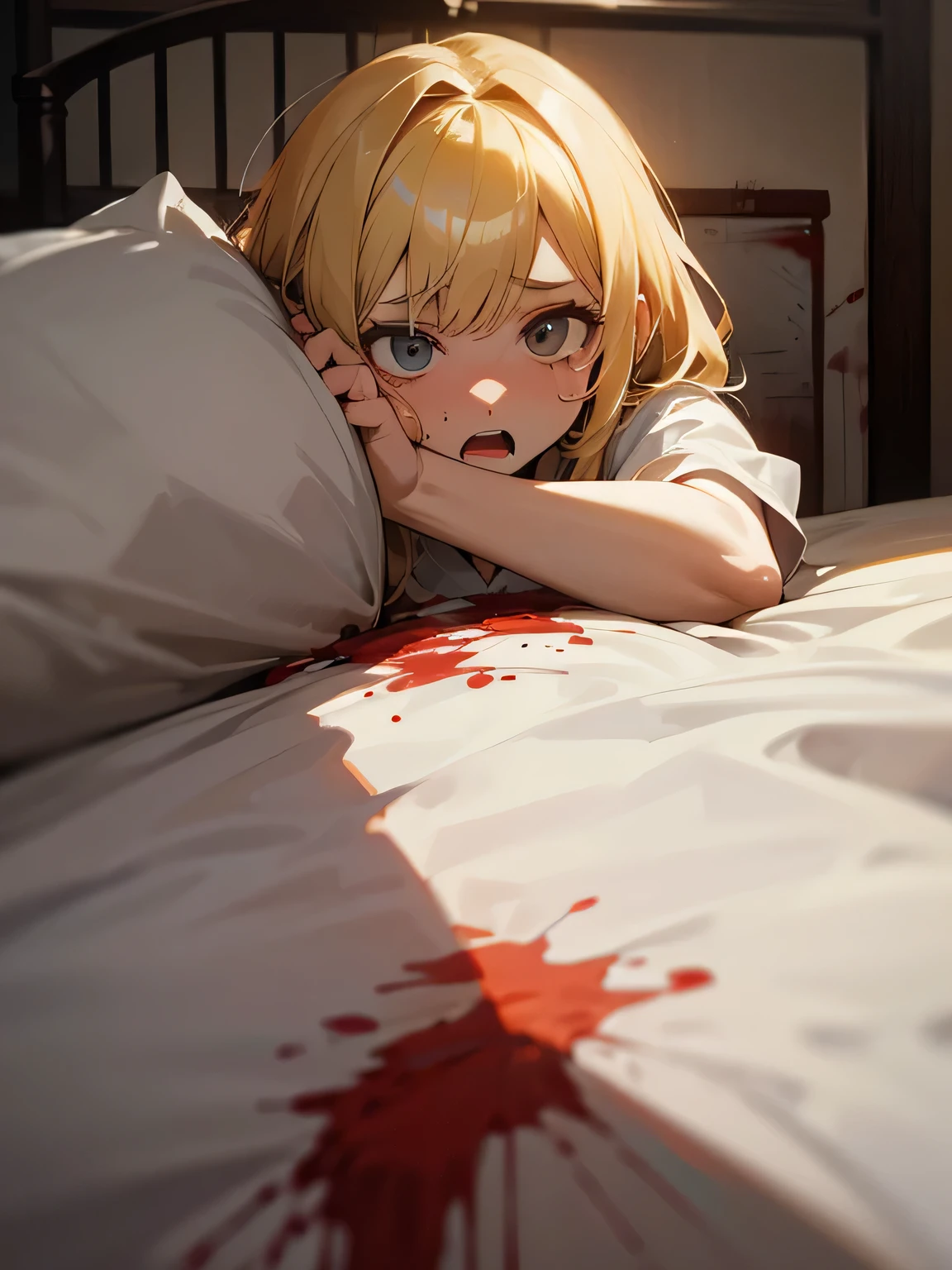 solo,blonde,big forehaed,surprised face,waking up to find the bed covered in blood,crazy,panic,