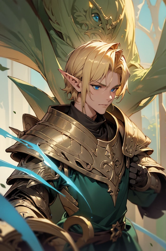 masterpiece, best quality, ultra high resolution, 1man, elven armor, male, fantasy illustration, elf, pointy ears, (old man), art by Kinema Citrus, (dirty blonde hair), baby blue eyes, wrinkles, signs of aging,