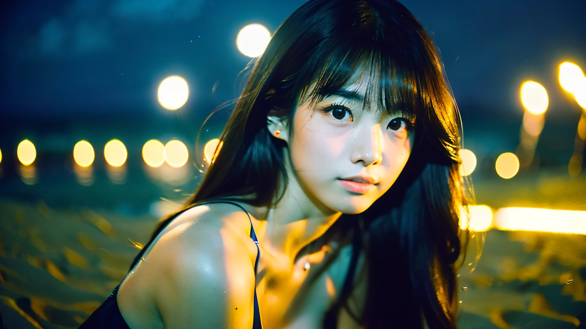 A very cute face like an idol、One 20-year-old woman with a youthful appearance、((leica 50 mm prime lens, cinestill 800T film))、(Cleavage)、(((Beautiful starry sky on the beach at night)))、((Very dim lighting))、((Don&#39;t expose your face to the light))、((Long-distance shot))、RAW Photos、Genuine、live-action、(Artistic Expression)、High resolution、masterpiece