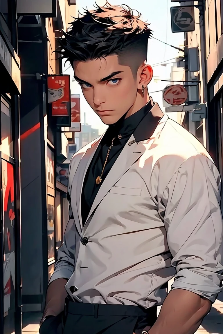 highest quality, 8K, high resolution image, anime style Jujutsu Kaisen, detailed strokes, slightly tanned skin, blurry, purple light reflecting from it, (close angle), 1 man, young, male, model, cool guy, muscular, shaved body, smile, blue Eyes, brown very short hair, brown hair, short hair, hairstyle: undercut, swollen chest, he is wearing a white shirt collared shirt hair slicked backblack suit, hand in trouser pocket, gold link chain, background: City, big city streets