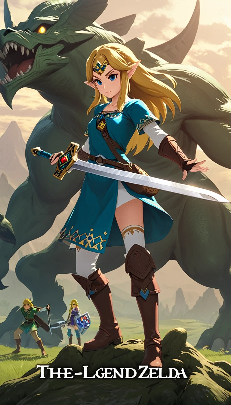female Zelda, sword,( standing on monster),The Legend of Zelda, text saying "The Legend of Zelda"