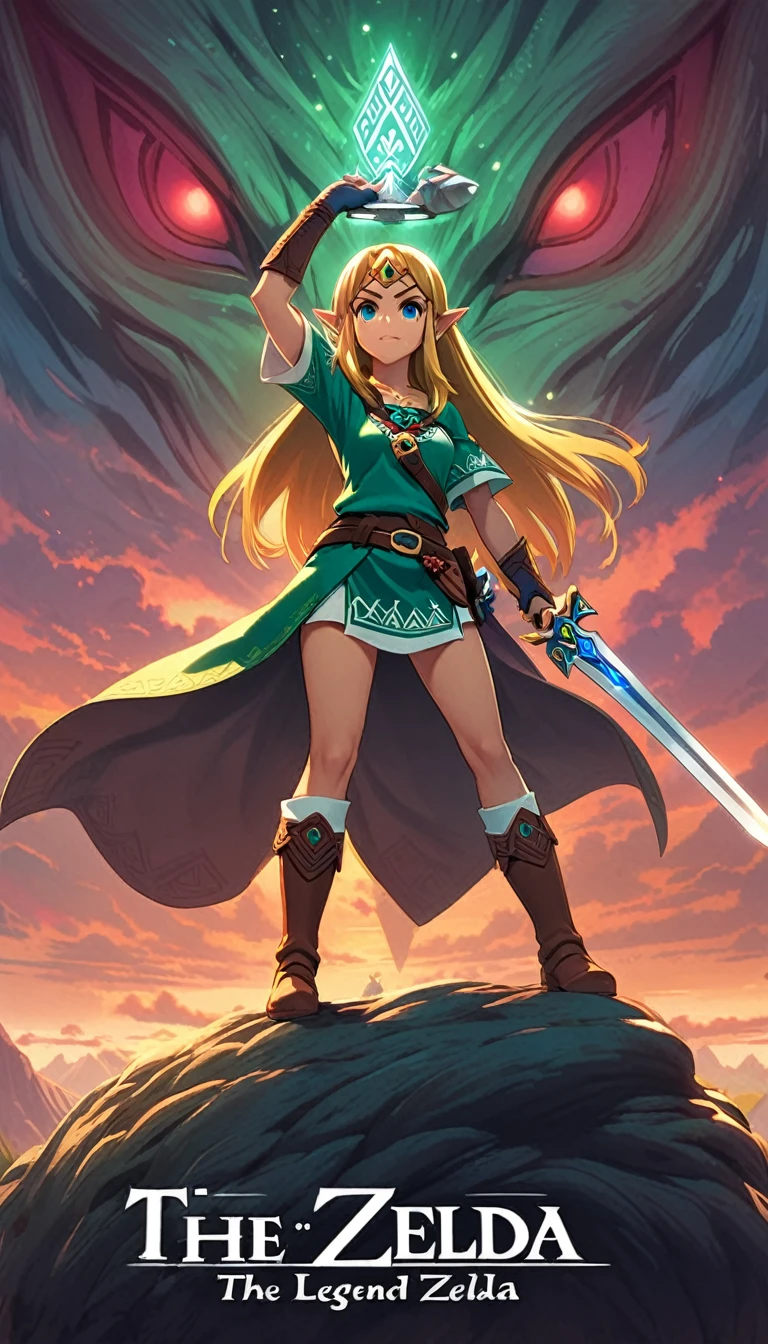 female Zelda, sword,( standing on monster),The Legend of Zelda, text saying "The Legend of Zelda"